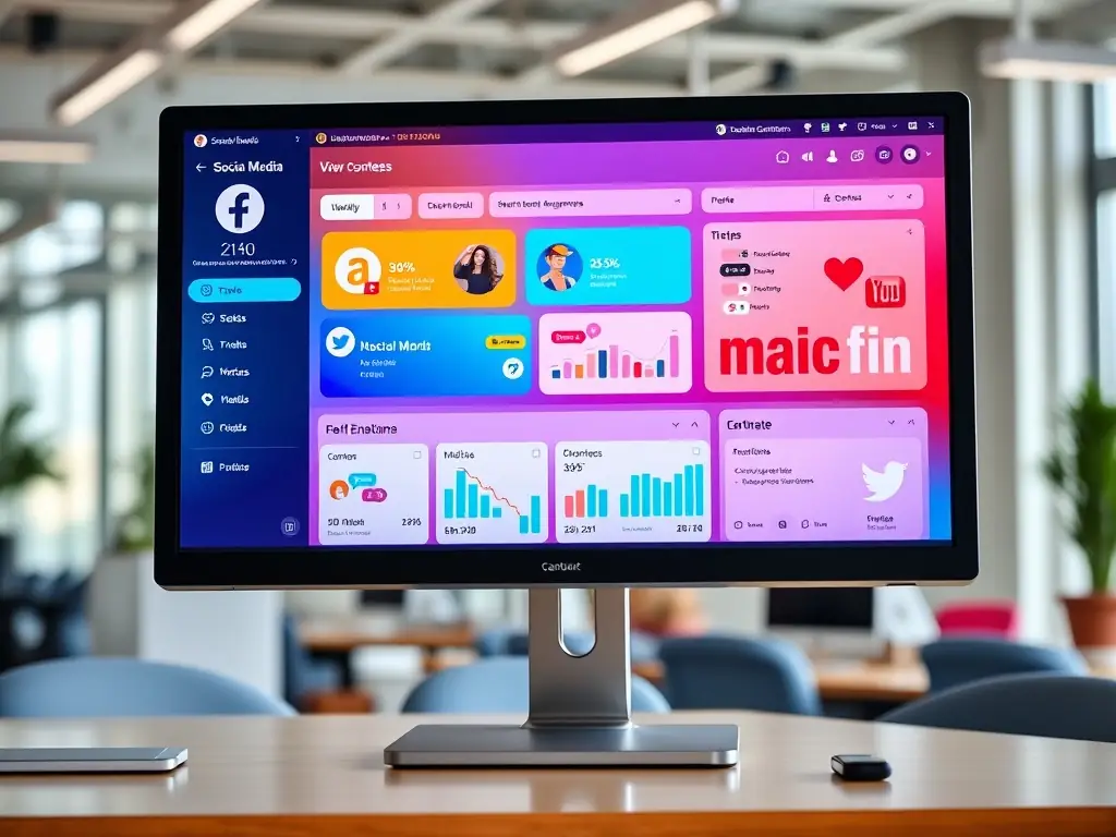 An image of a social media dashboard displaying engagement metrics, content calendar, and various social media platform logos.