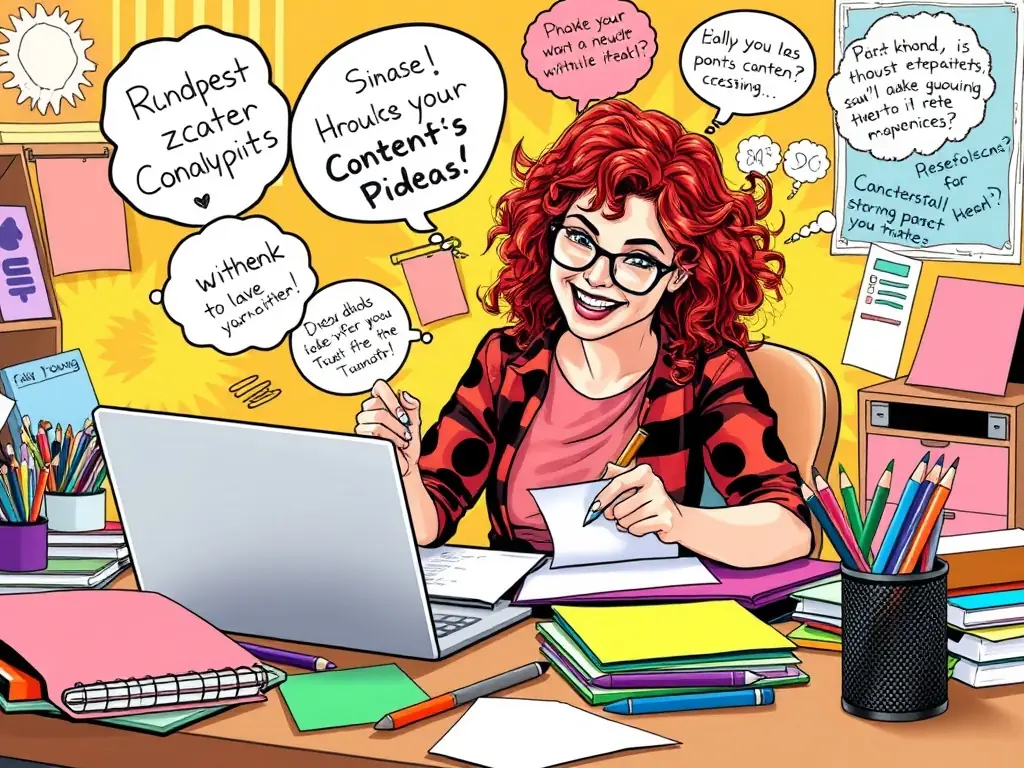 An image of a content writer brainstorming ideas at a desk filled with notes, a laptop, and various writing tools, symbolizing creativity and strategic content planning.